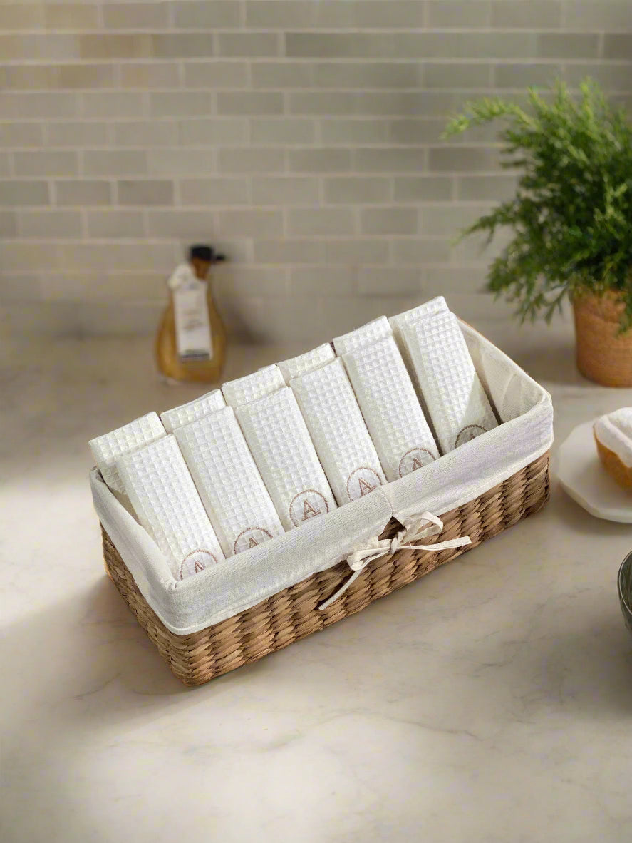 100% Cotton Waffle Weave Hand Towels in woven baskets