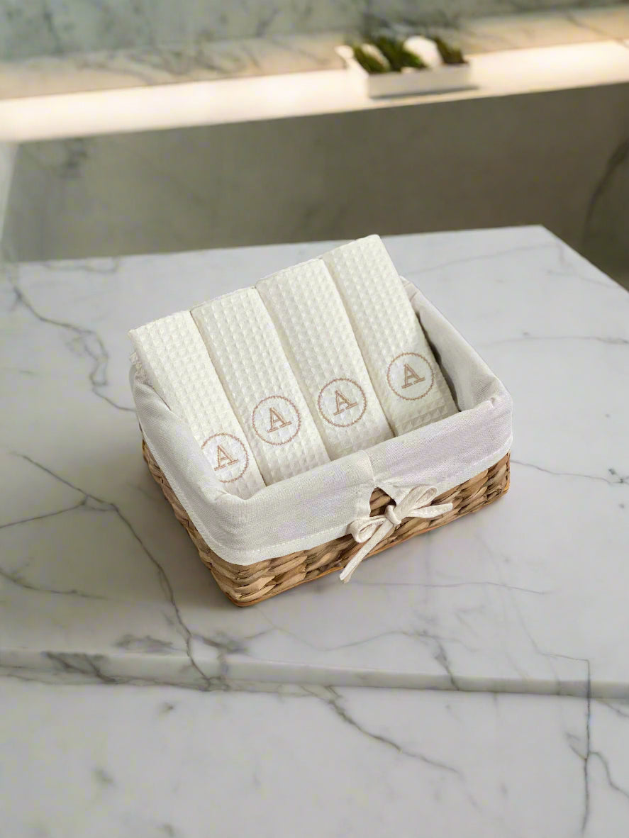 100% Cotton Waffle Weave Hand Towels in woven baskets