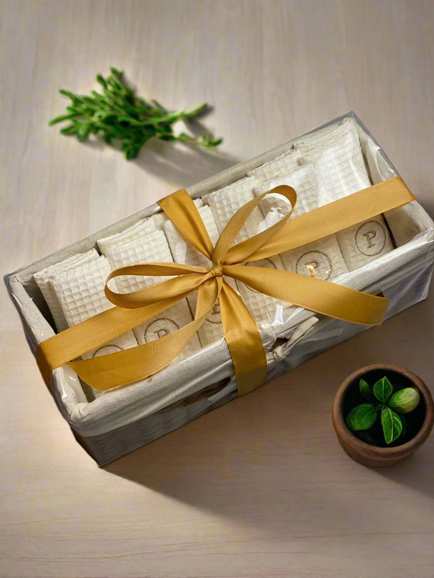 100% Cotton Waffle Weave Hand Towels in woven baskets