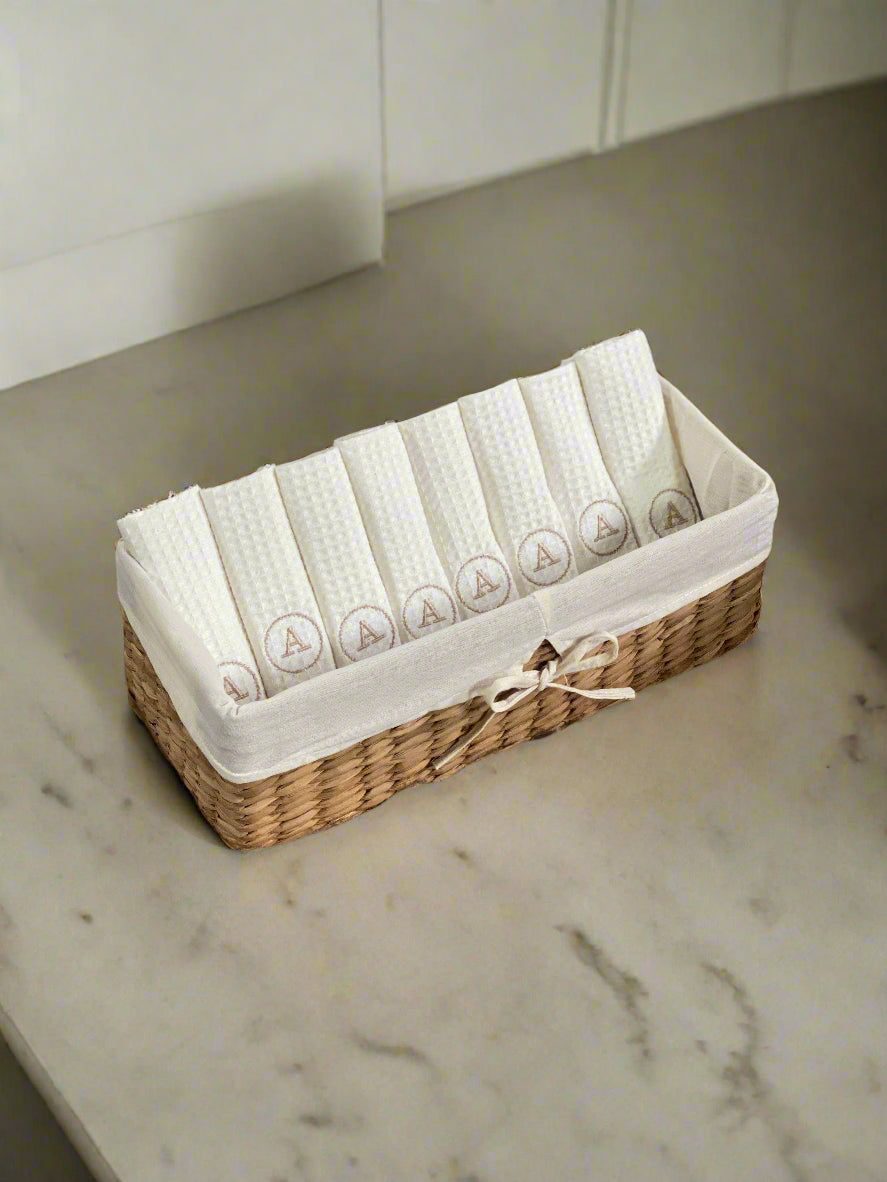 100% Cotton Waffle Weave Hand Towels in woven baskets