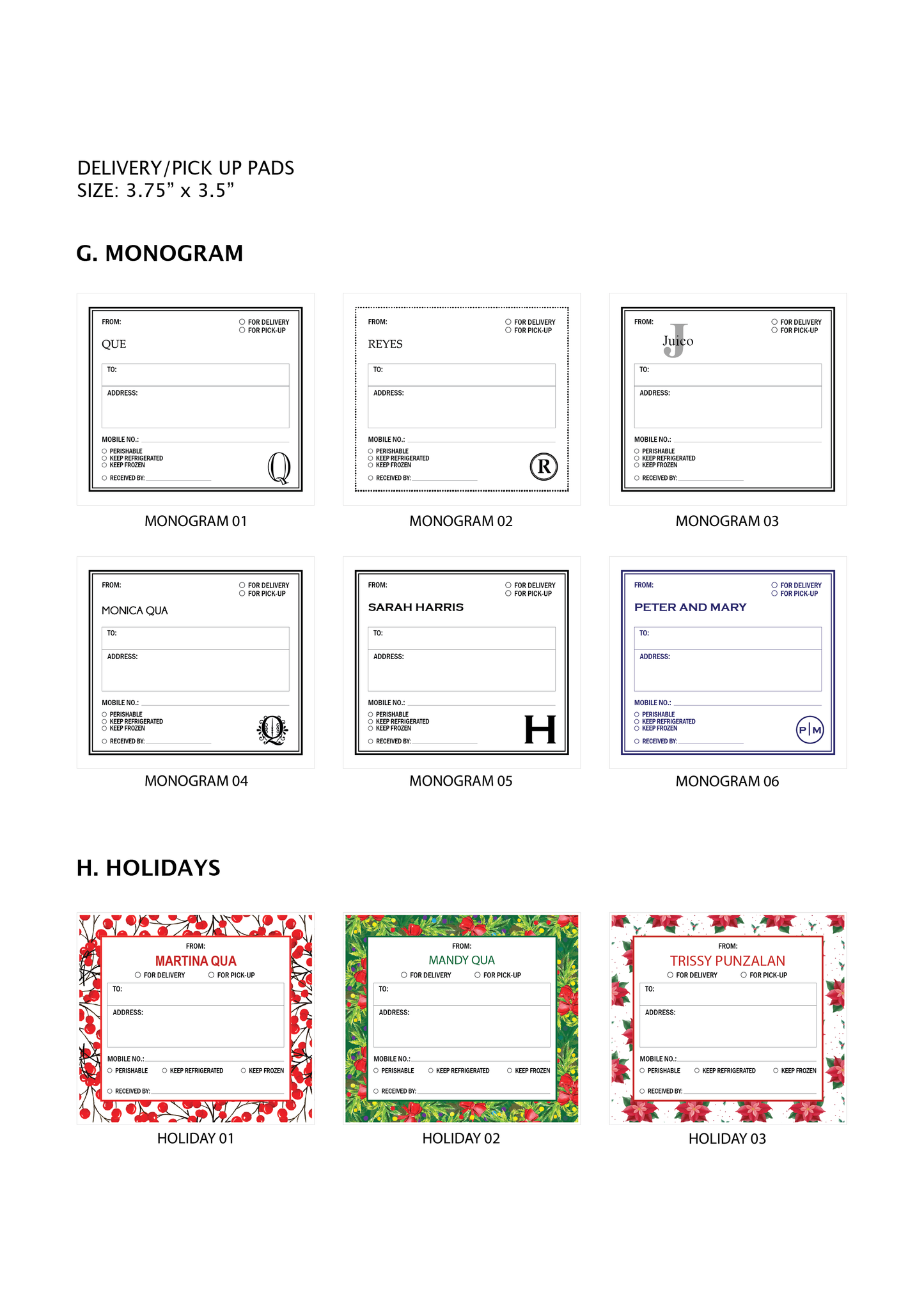 Stationery - Gift Cards, Delivery Pads, Memo Pads, Money Envelopes