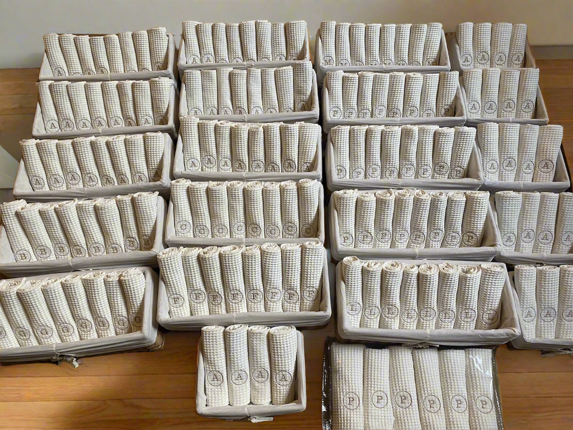 100% Cotton Waffle Weave Hand Towels in woven baskets