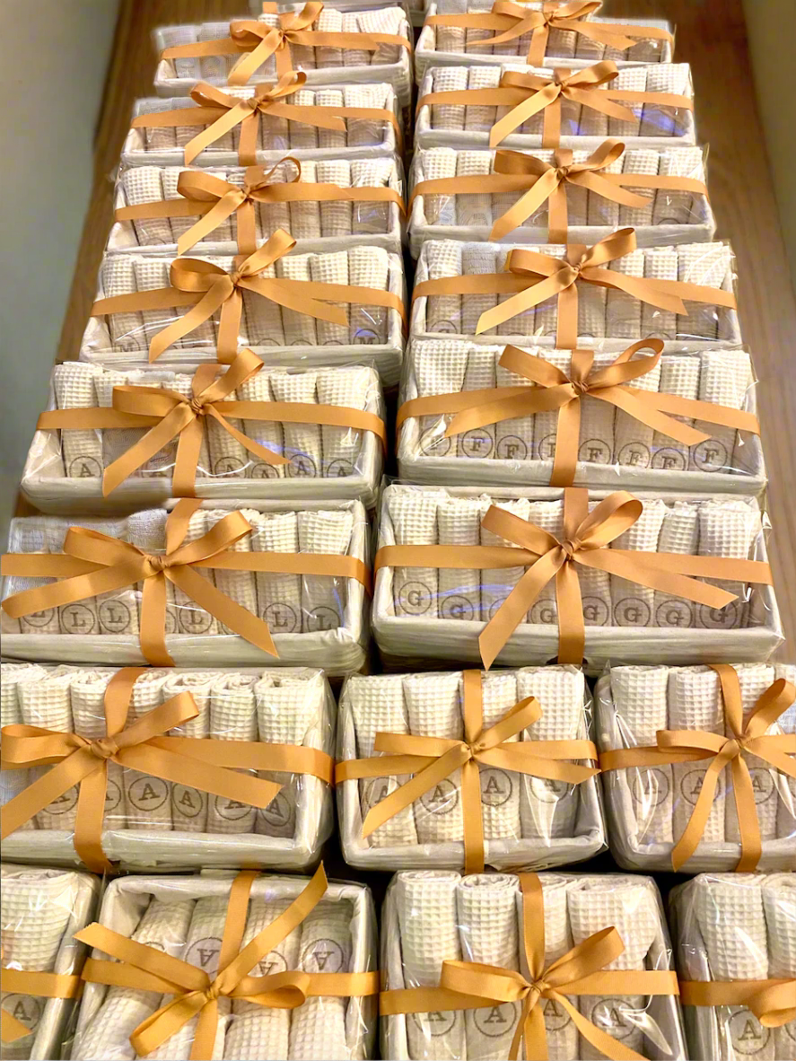 100% Cotton Waffle Weave Hand Towels in woven baskets