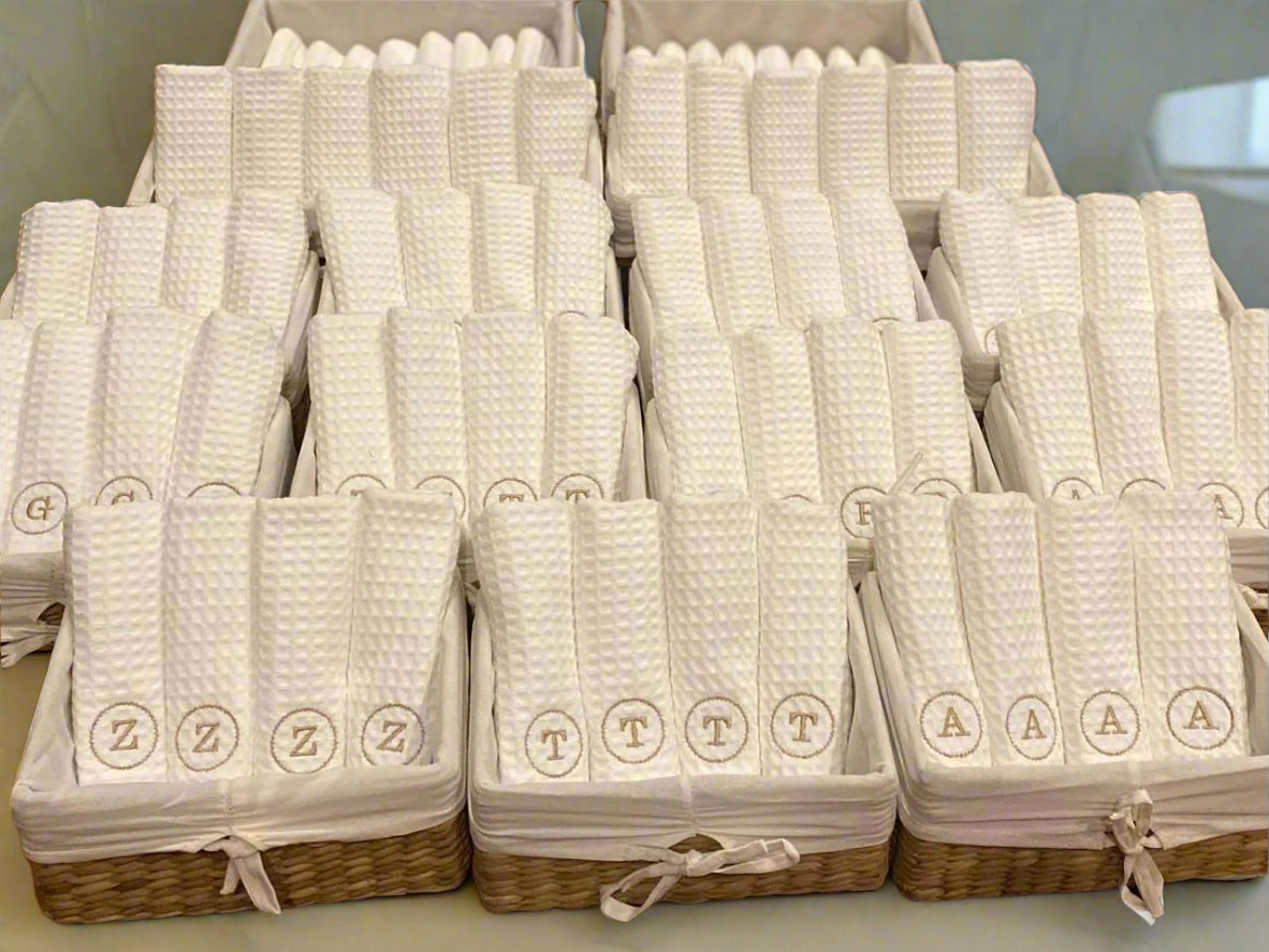100% Cotton Waffle Weave Hand Towels in woven baskets